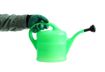 Gardener with watering can on white background
