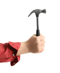 Worker with hammer on white background