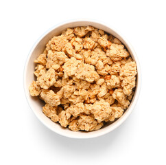 Bowl of tasty granola on white background