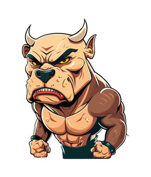 A cartoon image of a dog with a muscular face and a green belt