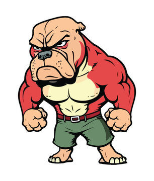 A cartoon image of a bulldog with a green shorts and a red shirt