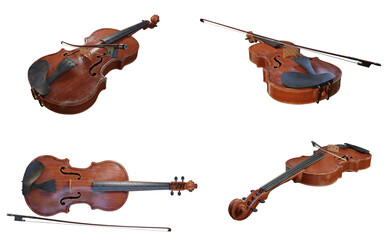 3d illustration or illustrations of a realistic old wooden violin rendered from 4 different angles without background. Good for photo manipulation or other art projects