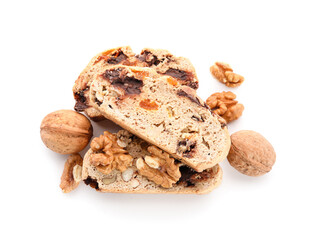 Delicious biscotti cookies and walnuts isolated on white background