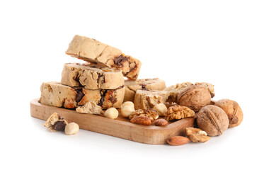 Board with delicious biscotti cookies and nuts isolated on white background
