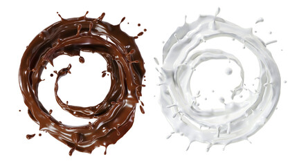 Chocolate and Milk or yogurt Liquid fluid spiral spin pouring on top view isolate on white background. 3D Rendering.  Png files