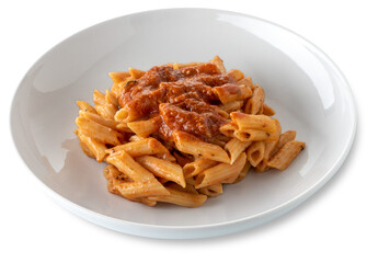 Penne rigate macaroni pasta served with red tomato sauce and meat in white dish