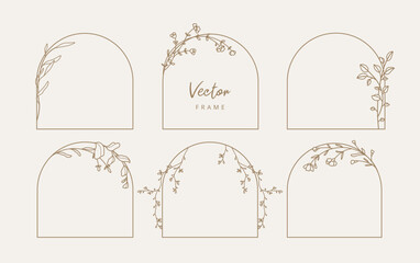 Arch frame with flowers and leaves In trendy linear style. Collection of vector minimal templates. Botanical illustration for label, wedding invitation, save the date, design, logo, monogram