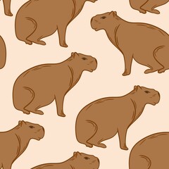 Hand drawn seamless pattern of cute capybara animal in beige brown on white background. Wild wildlife nature, zoo zoology animal mascot, rodent silhouette furry species, simple minimalist line design