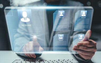 Human Resources HR management Recruitment Employment Headhunting Concept , Human Resources uses computers to search and select job applicantsThe process of selecting people to join the work of the HR.