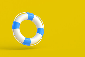 Falling lifebuoy on yellow background. Travel or vacation. Summertime concept. Maritime safety. Help and rescue on sea. Copy space. 3d render