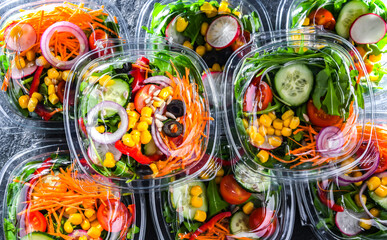 Boxes with pre-packaged vegetable salads in a commercial fridge