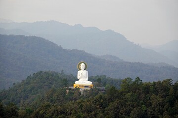 Aerial view of big white Buddha statue on the top of a temple in the middle of a forest