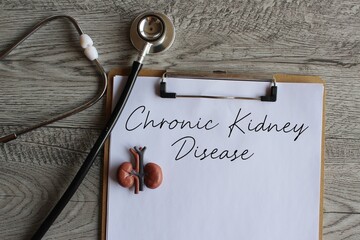 Stethoscope, kidney model and paper clipboard with text Chronic Kidney Disease. Medical and...