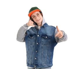 Cool teenage boy showing 