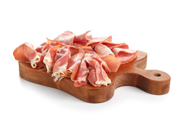 Wooden board with assortment of tasty deli meats isolated on white background
