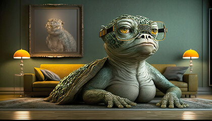 An elderly turtle in his home. A figure that fits into a fairy tale world. AI generated illustration.