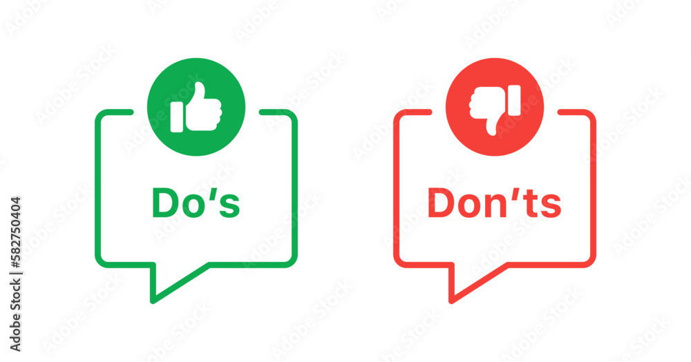 Poster do and don't thumbs icon. dos and donts in speech bubble icon, thumb up and thumb down icon button -