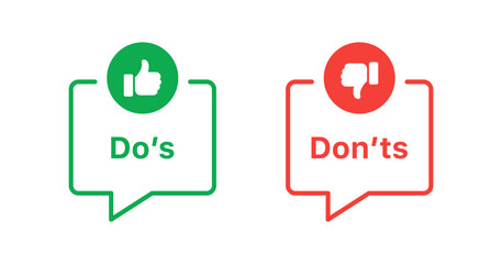 Do and Don't thumbs icon. dos and donts in speech bubble icon, thumb up and thumb down icon button - like and dislike or unlike, good and bad, positive and negative, icons. vector illustration - obrazy, fototapety, plakaty