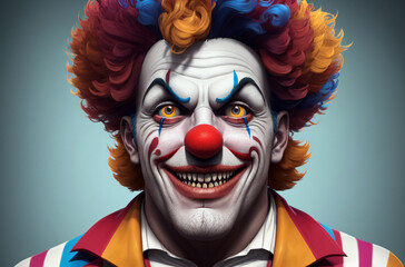 Male clown. Portrait of happy jester in bright style. Generative AI. - obrazy, fototapety, plakaty
