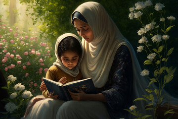 Muslim mother teaches reading the Koran, generative ai