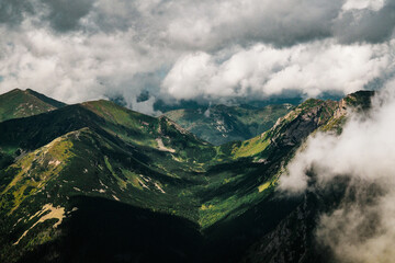 Nature scenery, high Tatras and valleys of Poland, clouds over mountains