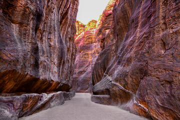 Beautiful Siq canyon in Petra, Jordan. Colorful natural formation. 
