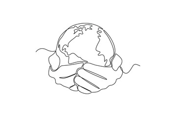 Single one-line drawing of small earth in hand. Earth day concept. continuous line draw design graphic vector illustration