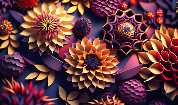 A Structured Pattern Of Angular Flowers In Contrasting Colors