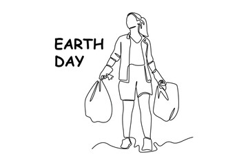 Single one-line drawing woman cleaning up trash on earth day. Earth day concept. continuous line draw design graphic vector illustration
