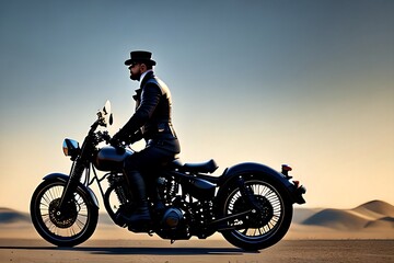 Fototapeta na wymiar Steampunk man riding a motorcycle - old, day, sunset, hat, machine