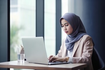 A Malay woman sits at a table in a cafe and works on her laptop. Generative AI