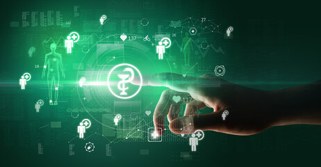 Doctor hand pressing futuristic health device with medical symbol on screen