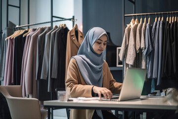 A Malay woman works at a laptop in a clothing store. Generative AI - obrazy, fototapety, plakaty