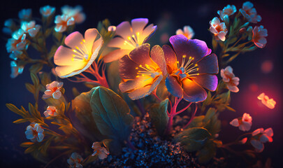 Obraz na płótnie Canvas Illuminated flowers in a dark, mysterious setting