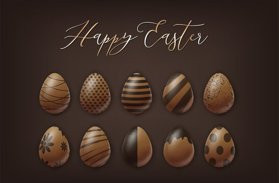 Easter poster or banner. Cholocate eggs with decoration on brown background. Golden lettering. Spring egg hunt. Vector illustration.