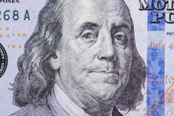 Benjamin Franklin portrait macro usa dollar banknote or bill. Benjamin Franklin's look on a one hundred dollar bill