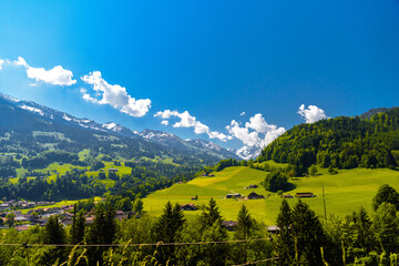 Mountains and meadows covered with forest in the village Darstetten in Frutigen-Niedersimmental, Bern, Switzerland