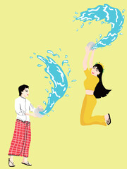 Obraz na płótnie Canvas Happy Myanmar Songkran Festival, characters, Myanmar traditional clothing, material
