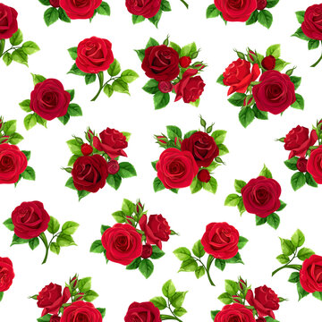 Floral seamless pattern with red rose flowers and green leaves on a white background. Vector illustration 