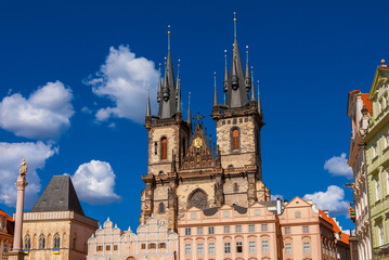 Fototapeta premium Gothic architecture in Prague. Church of Our Lady before Tyn famous gothic twin towers, completed in 1511 in Old Town Square