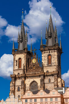 Gothic architecture in Prague. Church of Our Lady before Tyn famous gothic twin towers, completed in 1511 in Old Town Square
