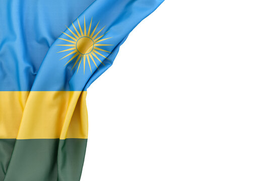 Flag of Rwanda in the corner on white background. 3D rendering. Isolated