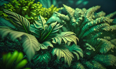A detailed view of tropical greenery in the foreground
