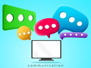 Television and icon chatting contact online communication on background. Communicate meeting or chat multimedia social network. Illustration 3D for content speech bubble computer, digital technology 