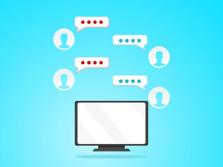 Television and icon chatting contact online communication on background. People meeting or chat multimedia social network. Illustration 3D for content speech bubble computer, digital technology 