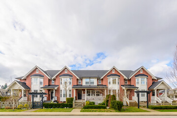 A perfect neighborhood. Houses in suburb at Spring in the north America.