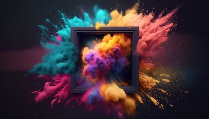 Fototapeta na wymiar colorful powder paint explosion in the centre of a frame. Generative AI.