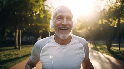 happy elderly man running on the park wearing headphones. Generative AI.