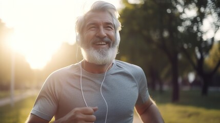 happy elderly man running on the park wearing headphones. Generative AI.