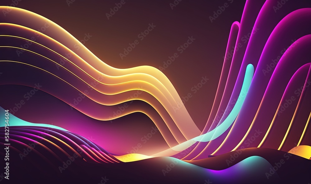 Poster a colorful abstract background with lines and curves on a dark background with a yellow light at the